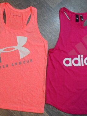 Two Athletic Tank Tops - Adidas Logo Pink + Under Armour Coral Tank Sz Lg